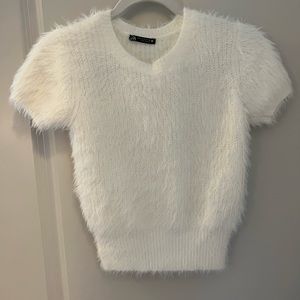 Zara white fuzzy top.
